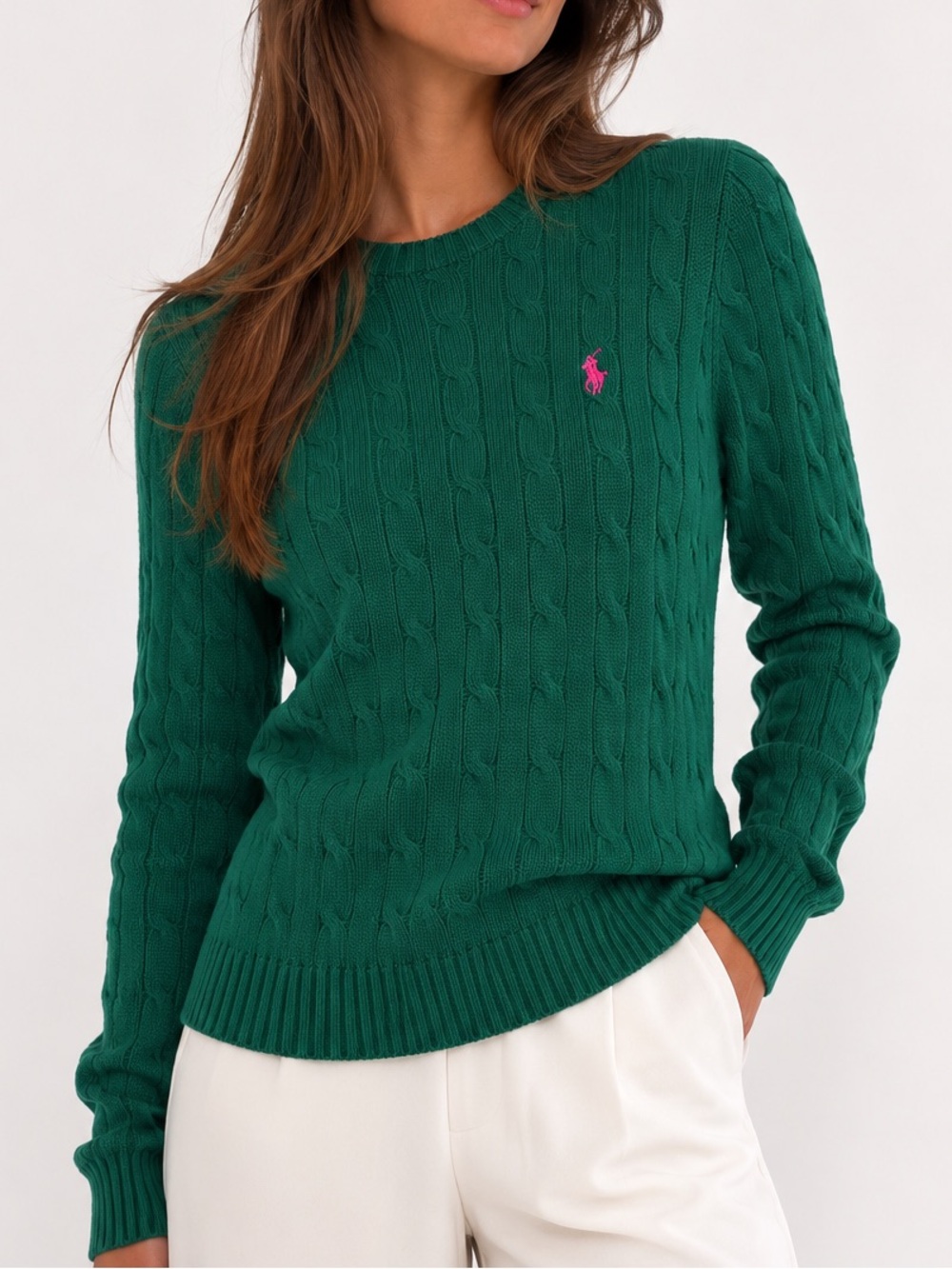 Ralph Lauren Green Cable Knit Sweater Size Medium Women’s Pink Pony Old Money